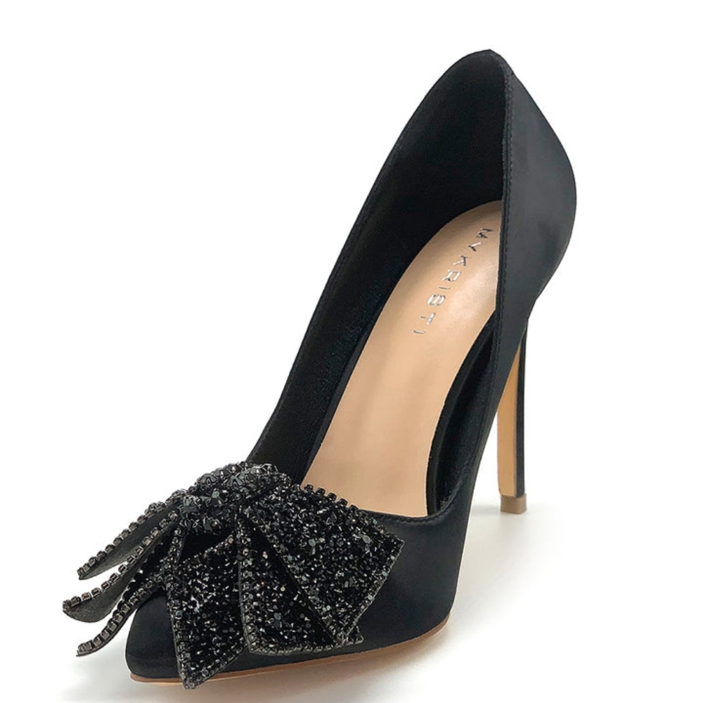 HOST PICK💥NIB WOMEN'S BLACK SATIN METALLIC BOW HIGH HEELS - Picture 5 of 9